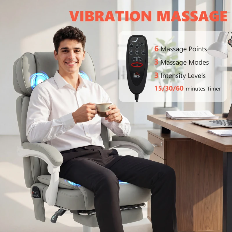 HOMCOM High Back Vibration Massage Office Chair Heated Reclining Computer Chair w/ Footrest, Swivel Wheels, Remote, Light Gray