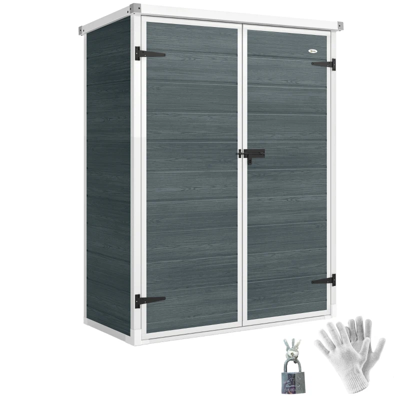 Outsunny Outdoor 4.4' x 2.3' Plastic Storage Shed with Lockable Doors and Foldable Shelves, Wood-Effect Garden Shed, Grey