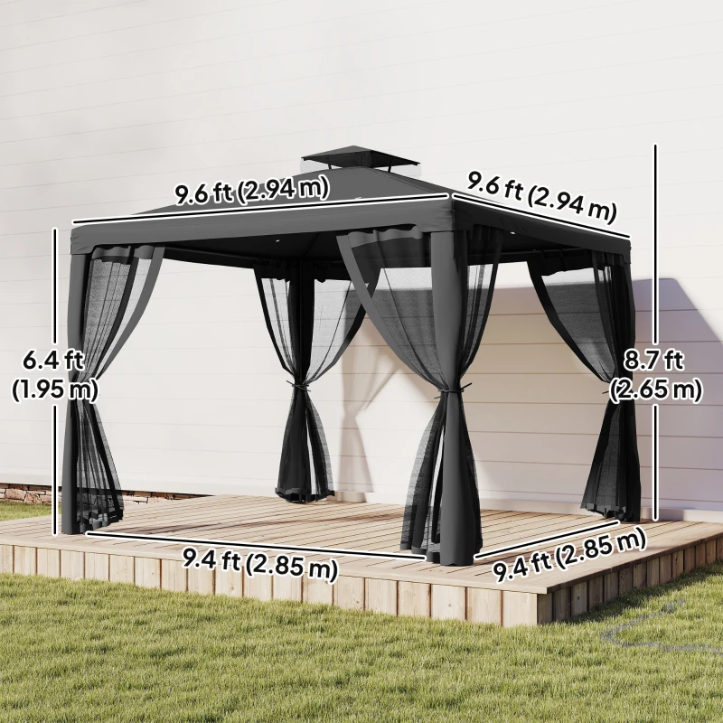 Outsunny 9.6' x 9.6' Patio Gazebo Outdoor Pavilion 2 Tire Roof Canopy Shelter Garden, Steel Frame w/ Mosquito Netting, Dark Grey