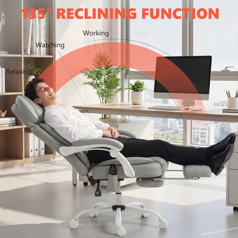 HOMCOM High Back Vibration Massage Office Chair Heated Reclining Computer Chair w/ Footrest, Swivel Wheels, Remote, Light Gray