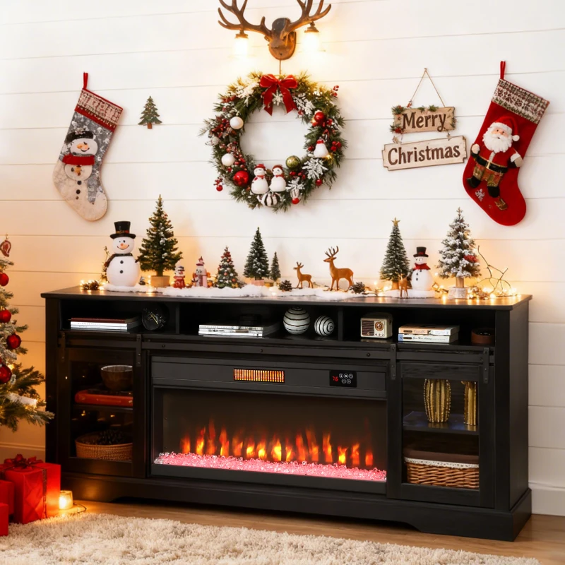 HOMCOM Fireplace TV Stand for TVs Up to 80 Inch, TV Console with Electric Fireplace, Open Storage and Side Cabinets, Black