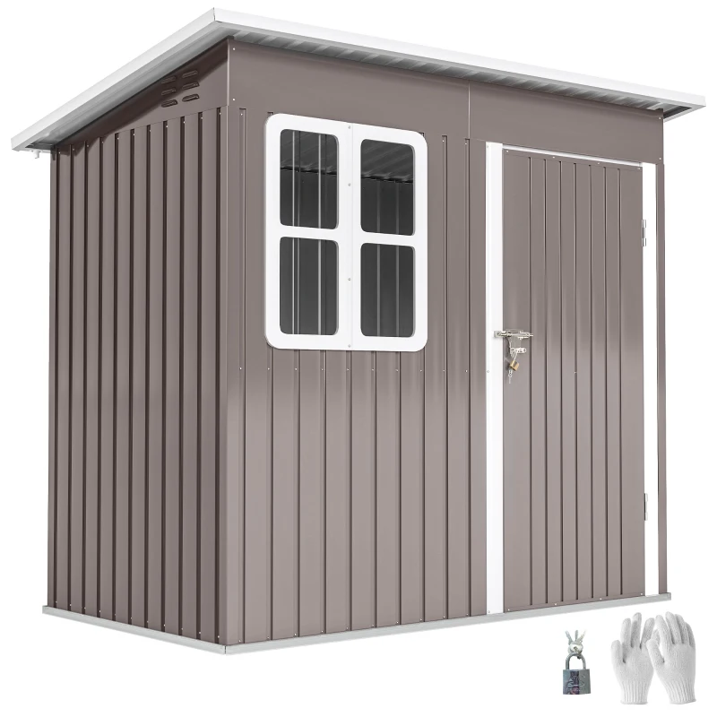 Outsunny 7' x 4' Galvanised Steel Outdoor Storage Shed, Garden Shed with Window, Lockable Wide Door and Air Vents, Warm Grey