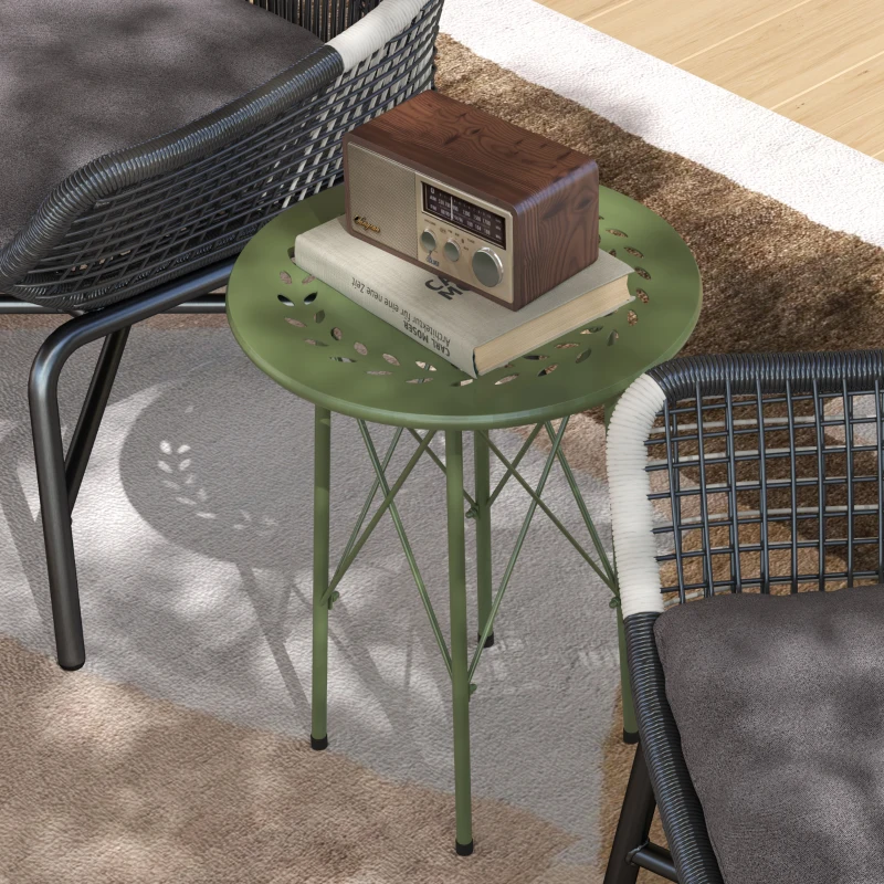 Outsunny 15.7" Round Garden Table with Floral Cut-Out, Steel Balcony Side Bistro Coffee Table with Adjustable Feet, Green