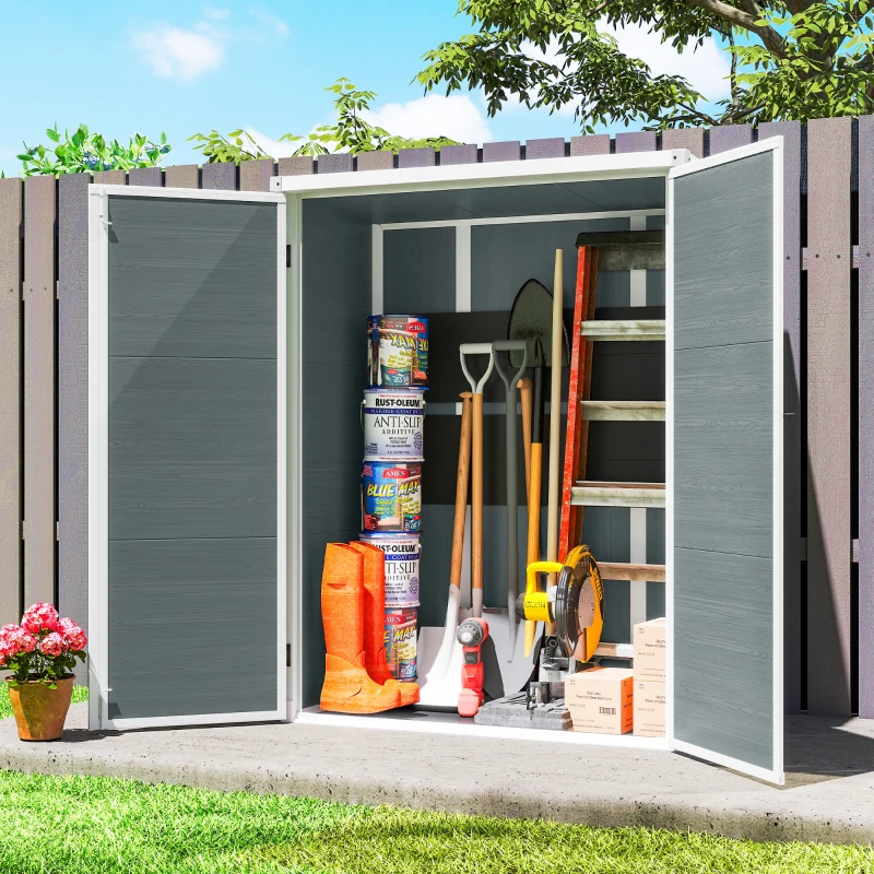 Outsunny Outdoor 4.4' x 2.3' Plastic Storage Shed with Lockable Doors and Foldable Shelves, Wood-Effect Garden Shed, Grey