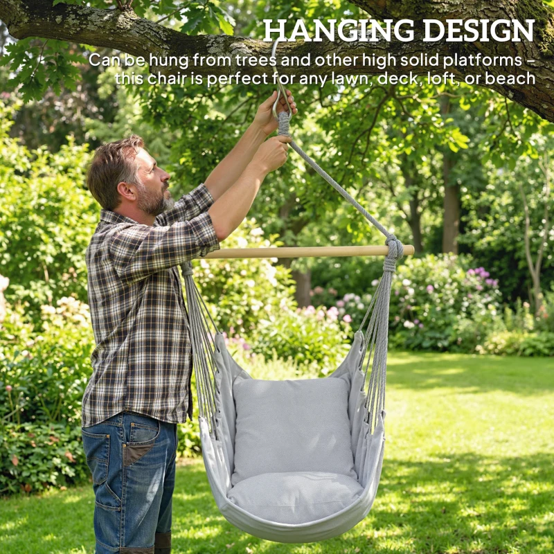 Outsunny Hammock Chair Swing Hanging Macrame Chair w/ Two Soft Seat Cushions, Grey
