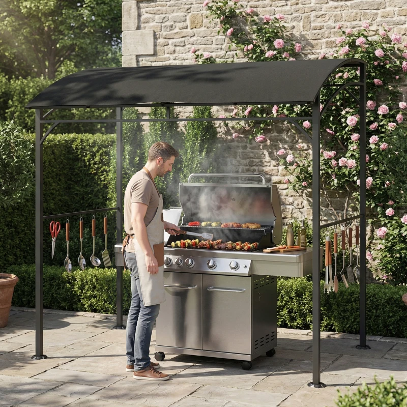 Outsunny 7' x 5' Garden Grill Canopy, BBQ Grill Gazebo Tent with Steel Frame and Hooks, Outdoor Sun Shade, Black