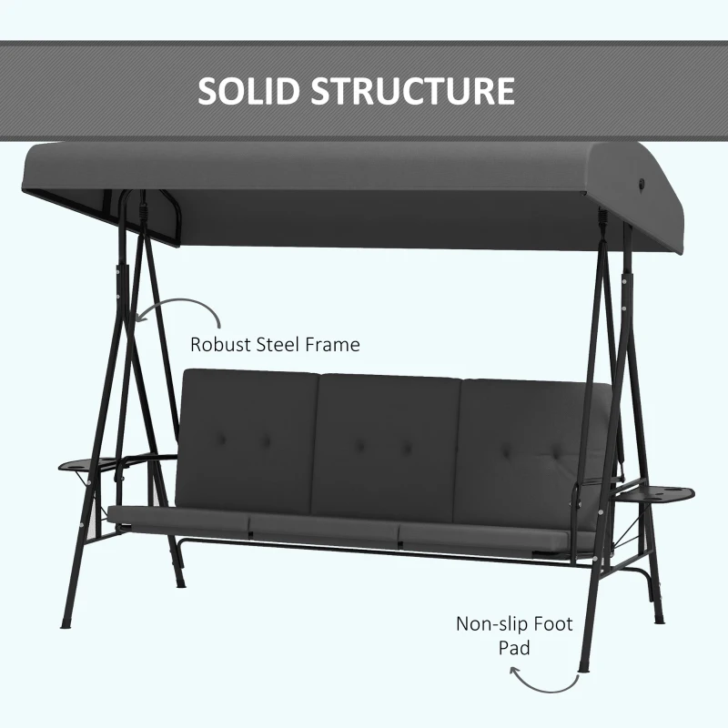 Outsunny 3-Seat Outdoor Porch Swing Patio Swing with Adjustable Canopy, Side Tray, Removable Cushion for Garden, Poolside, Grey