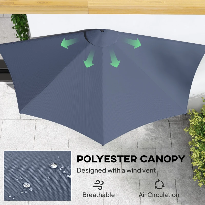 Outsunny 9.8ft Half Umbrella Semi Round Patio Parasol with Crank Handle, Top Vent for Garden, Balcony- NO BASE INCLUDED, Dark Blue