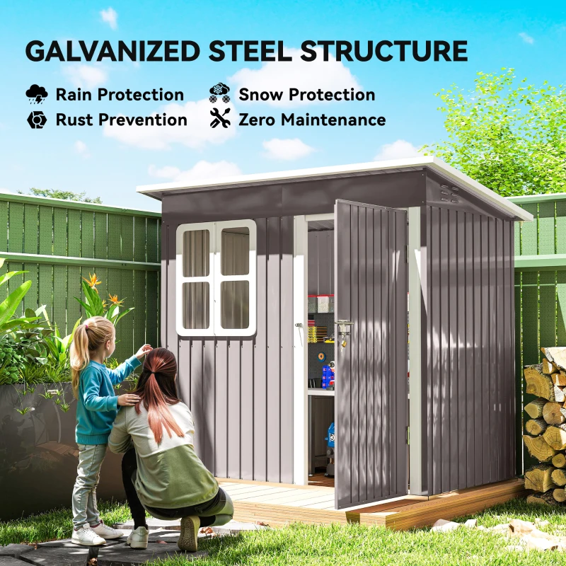 Outsunny 7' x 4' Galvanised Steel Outdoor Storage Shed, Garden Shed with Window, Lockable Wide Door and Air Vents, Warm Grey