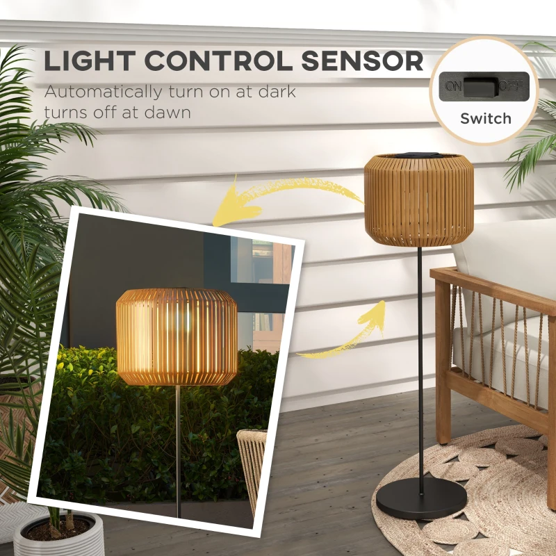 Outsunny Wicker Outdoor Floor Lamp, Cordless Solar Lantern with Auto On/Off LED Lights, IP44 for Patio, Porch, Pathway, Yellow