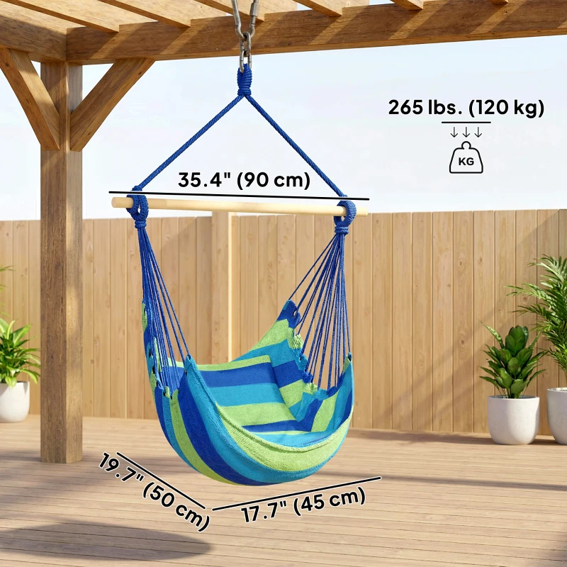 Outsunny Hammock Chair Swing Hanging Macrame Chair w/ Two Soft Seat Cushions, Blue and Green