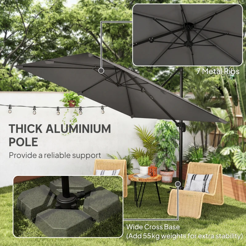 Outsunny 10 FT Cantilever Patio Umbrella, Square Patio Umbrella with Crank Handle, Cross Base and Tilt, 360° Rotation