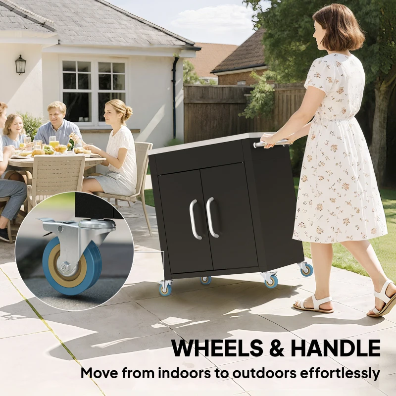 Outsunny Outdoor Grill Cart with Stainless Steel Top, Pizza Oven Table with Wheels Hooks Cabinet Handles,  Black