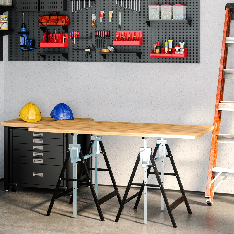 HOMCOM Set of 2 Adjustable Telescopic Builders Trestle, DIY Steel Work Bench Carpenter, Folding Saw Horse Tools Black