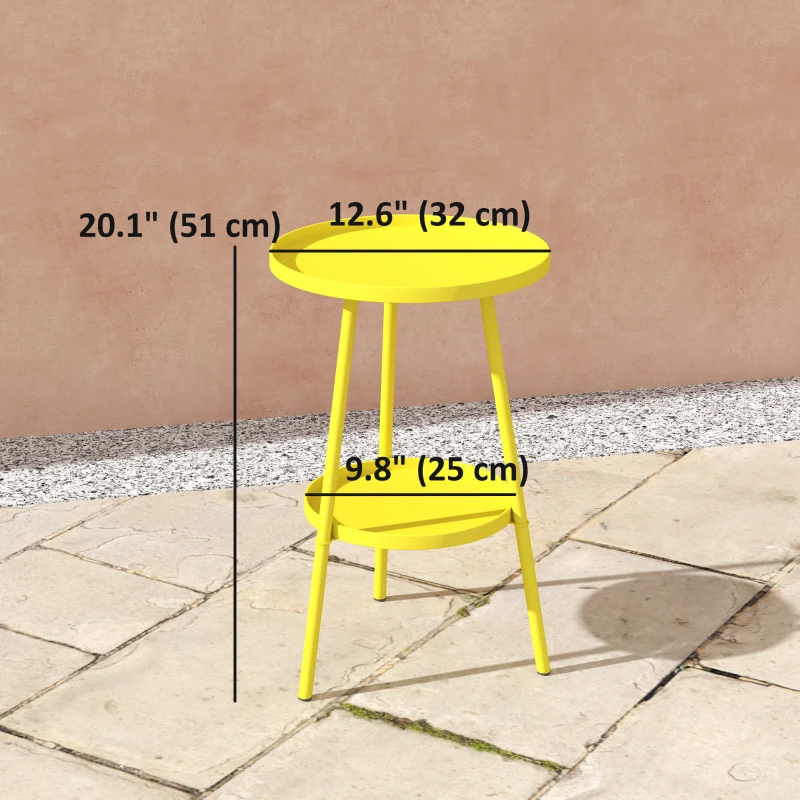 Outsunny Round Garden Table, 2-Tier Small Side Table, Metal Patio Table Coffee Table Dining Table, Yellow