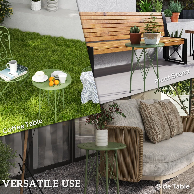 Outsunny 15.7" Round Garden Table with Floral Cut-Out, Steel Balcony Side Bistro Coffee Table with Adjustable Feet, Green