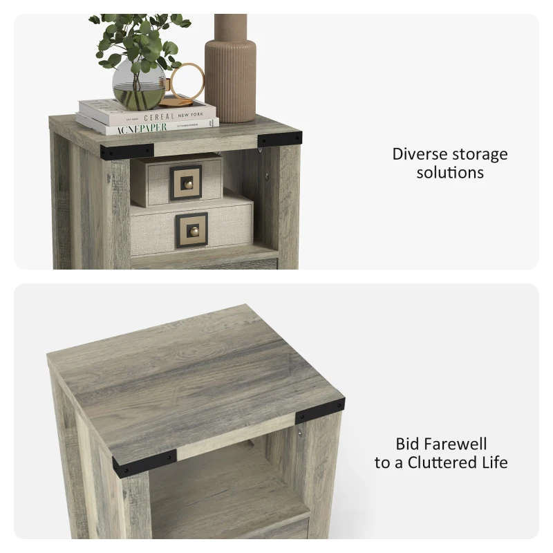 HOMCOM Small Side Table with Storage, Farmhouse End Table with Drawer, Open Shelf and Barn-style Panel, Nightstand for Living Room, Bedroom, Grey