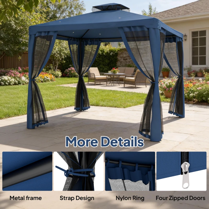Outsunny 9.6' x 9.6' Patio Gazebo Outdoor Pavilion 2 Tire Roof Canopy Shelter Garden, Steel Frame w/ Mosquito Netting, Dark Blue