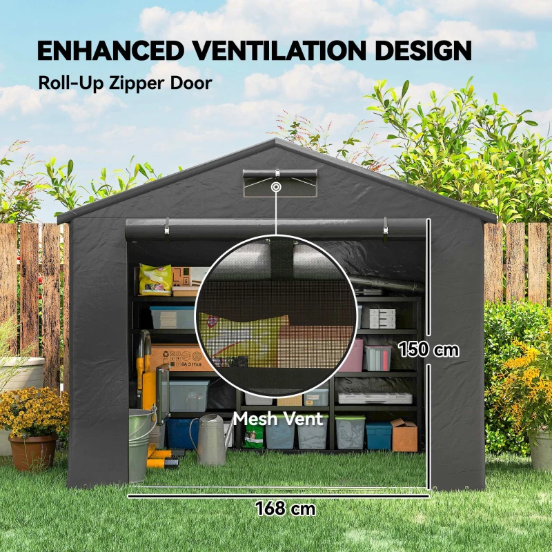 Outsunny 8' x 6' Portable Shed, Waterproof Bike Tent with Roll-up Zipper Door, Vent and Galvanised Metal Frame, Dark Grey