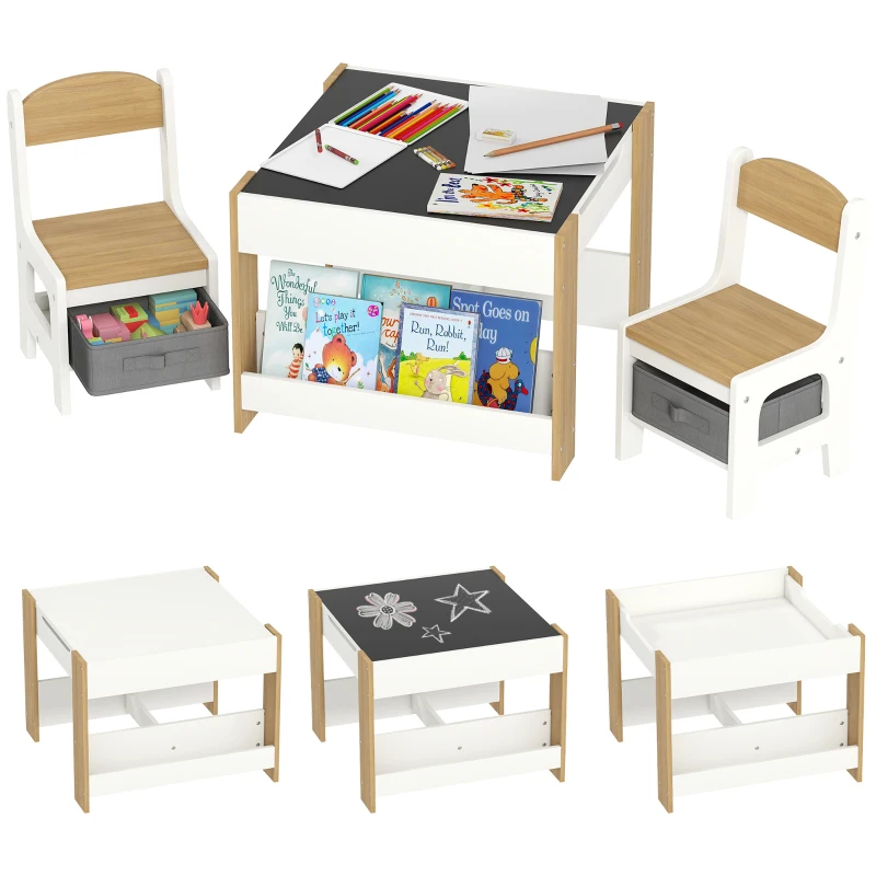 Qaba 3pc Kids Table and Chair Set with Reversible Tabletop Blackboard, Storage & Bookshelves, Natural