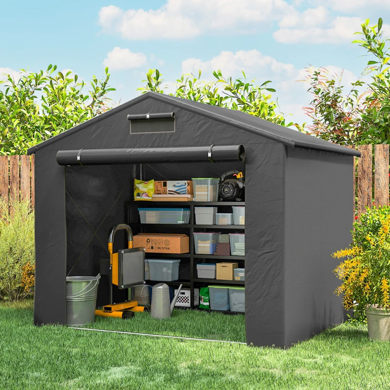 Outsunny 8' x 6' Portable Shed, Waterproof Bike Tent with Roll-up Zipper Door, Vent and Galvanised Metal Frame, Dark Grey