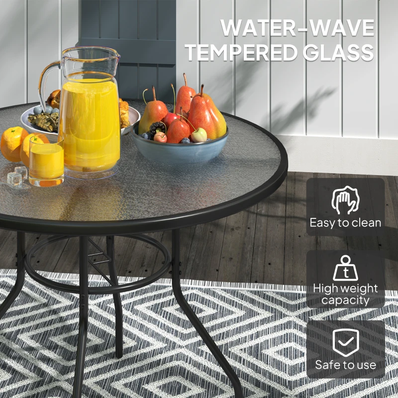 Outsunny 39.4" Round Outdoor Dining Table Coffee Side Bistro Table with Umbrella Hole, Glass Top, Steel Frame for Garden, Patio
