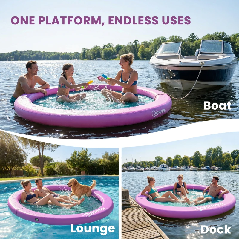 Outsunny 8FT Inflatable Water Hammock Floating Ring, Inflatable Floating Dock Platform for for Lakes, Pools, Oceans, Purple