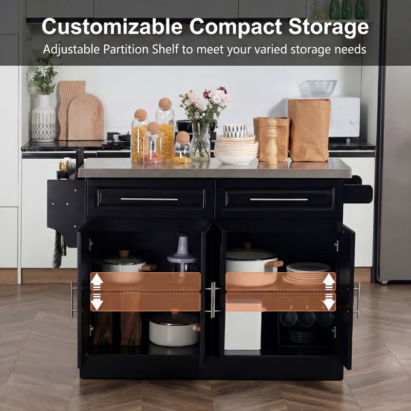 HOMCOM Rolling Kitchen Island with Storage and Stainless Steel Top, Kitchen Trolley with Drawers, Cabinets, Towel Rack