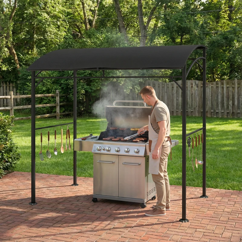 Outsunny 7' x 5' Garden Grill Canopy, BBQ Grill Gazebo Tent with Steel Frame and Hooks, Outdoor Sun Shade, Black