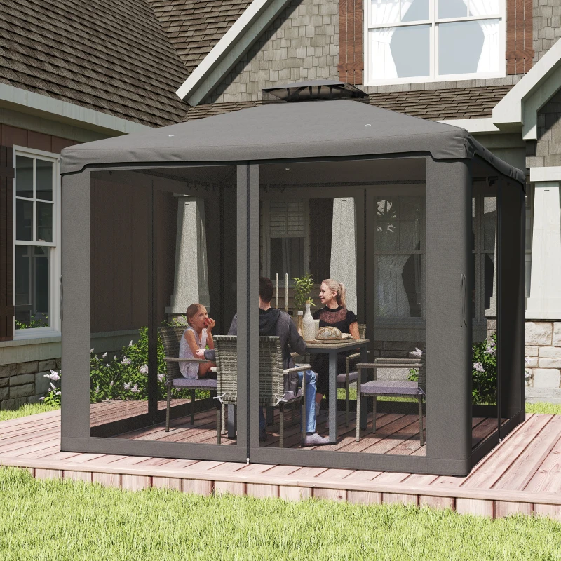 Outsunny 9.6' x 9.6' Patio Gazebo Outdoor Pavilion 2 Tire Roof Canopy Shelter Garden, Steel Frame w/ Mosquito Netting, Dark Grey