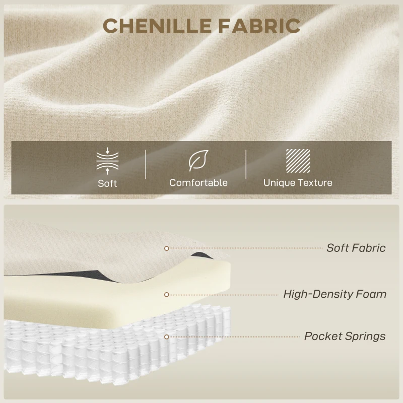 HOMCOM 3 Seater Sofa, 102" Chenille Boneless Couch with Wide Seat, Spring Cushions, High-Density Foam, 3 Pillows, Cream White