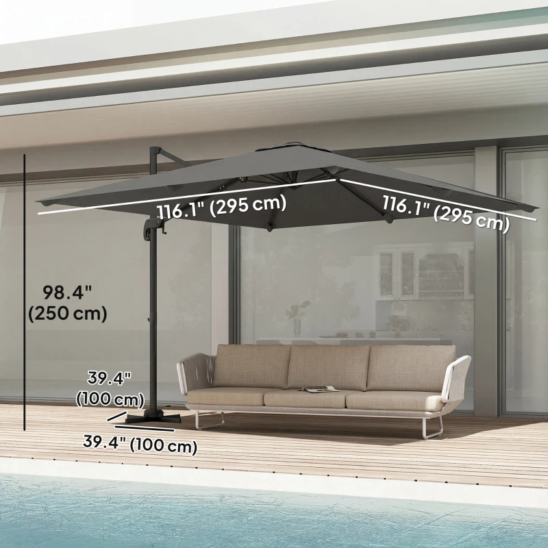 Outsunny 10 FT Cantilever Patio Umbrella, Square Patio Umbrella with Crank Handle, Cross Base and Tilt, 360° Rotation
