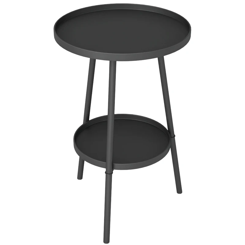 Outsunny Round Garden Table, 2-Tier Small Side Table, Metal Patio Table Coffee Table Dining Table, Black