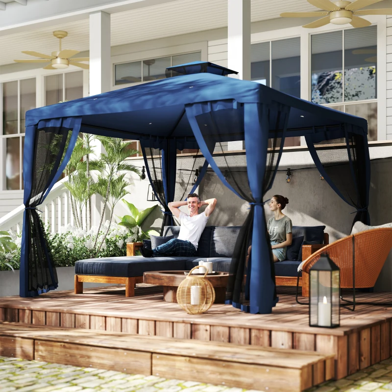 Outsunny 9.6' x 9.6' Patio Gazebo Outdoor Pavilion 2 Tire Roof Canopy Shelter Garden, Steel Frame w/ Mosquito Netting, Dark Blue