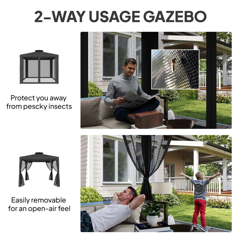 Outsunny 9.6' x 9.6' Patio Gazebo Outdoor Pavilion 2 Tire Roof Canopy Shelter Garden, Steel Frame w/ Mosquito Netting, Dark Grey