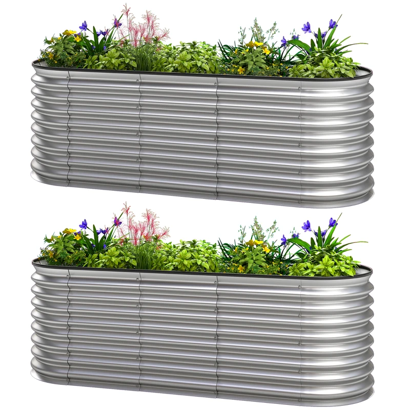 Outsunny 2Pcs Galvanized Raised Garden Bed, 6 x 2 x 2 ft Modular Metal Garden Beds with Rubber Strip Edging, Silver