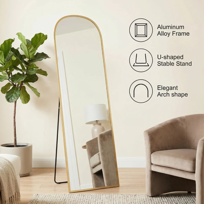 HOMCOM Arched Standing Mirror, 64" x 20" Full Length Mirror, Free Standing or Wall Mounted for Living Room, Bedroom, Gold