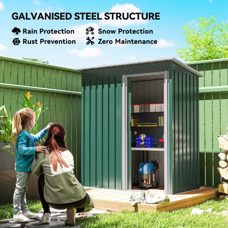 Outsunny 5 x 3 FT Outdoor Storage Shed with Sliding Door and Sloped Roof, Steel Frame Garden Shed Tool Equipment, Green
