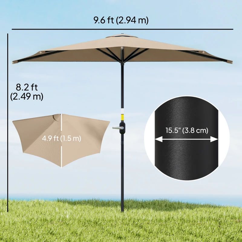 Outsunny 9.8ft Half Umbrella Semi Round Patio Parasol with Crank Handle, Top Vent for Garden, Balcony- NO BASE INCLUDED, Coffee