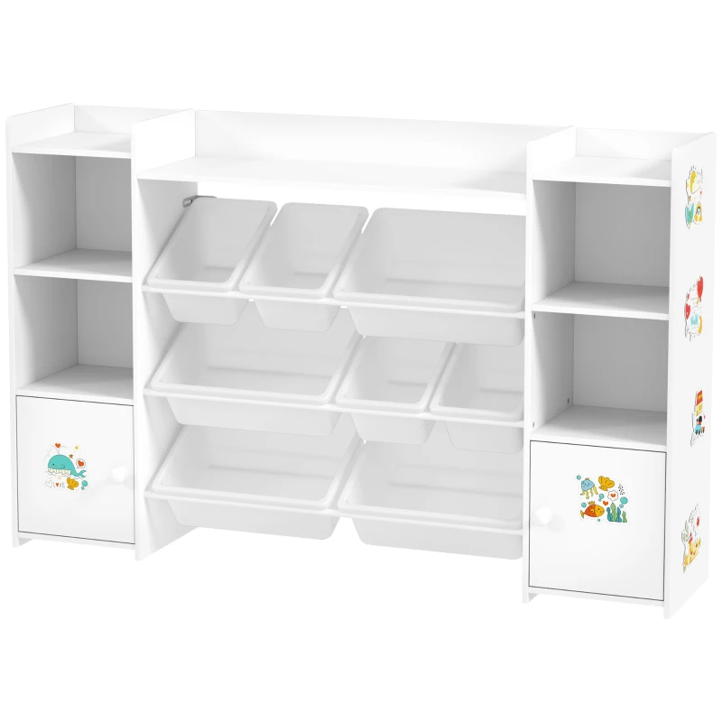 Qaba Kids Toy Organizers and Storage with 8 Removable Storage Bins and Bookshelf, White