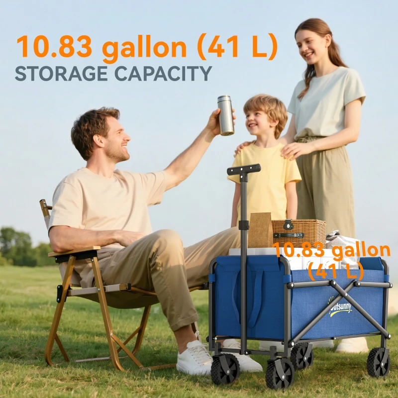 Outsunny Small Collapsible Folding Garden Cart, Heavy Duty Lawn Wagon with Universal Wheels and Adjustable Handle, Blue