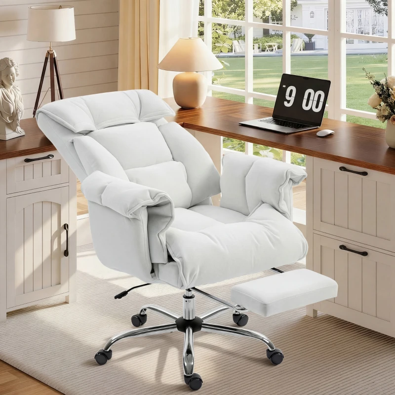 HOMCOM High Back Office Chair, Reclining Desk Chair with Footrest, High Resilience Foam, Rolling Wheels, Cream White