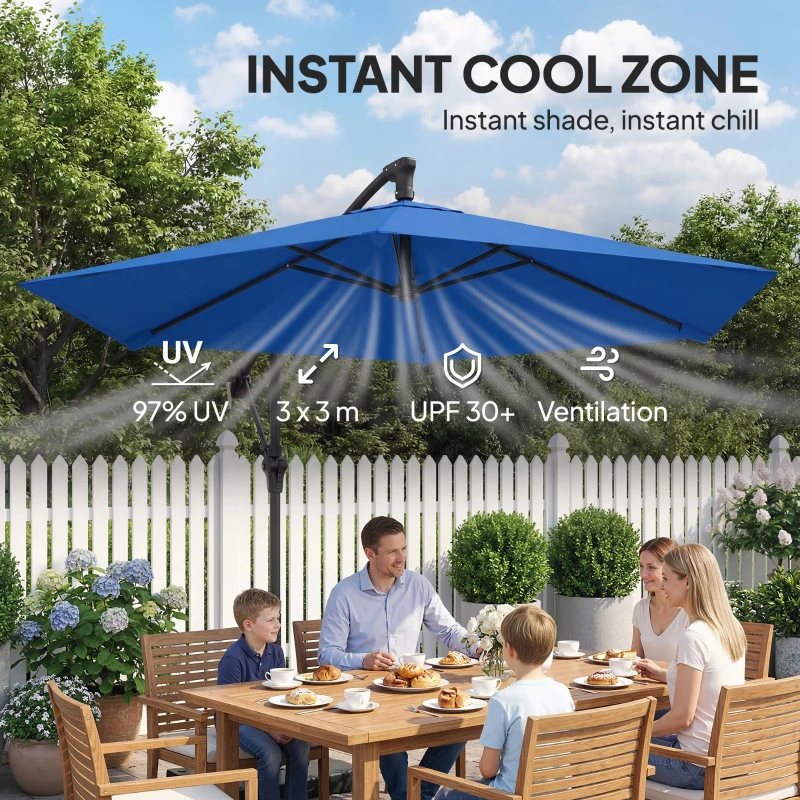 Outsunny 9.7 ft Offset Patio Umbrella with Water/Sand Fillable Weights, Garden Hanging Parasol with Locking Latch, Navy Blue