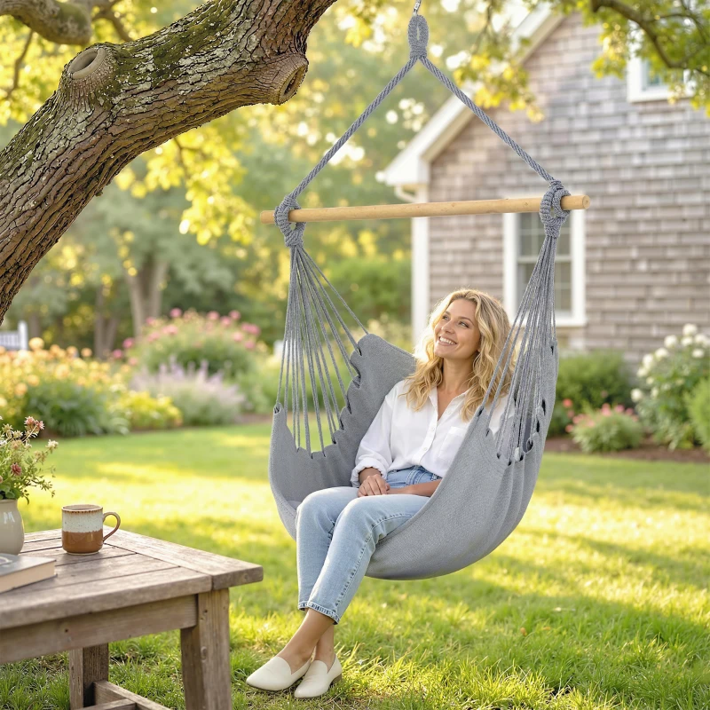 Outsunny Hammock Chair Swing Hanging Macrame Chair w/ Two Soft Seat Cushions, Grey