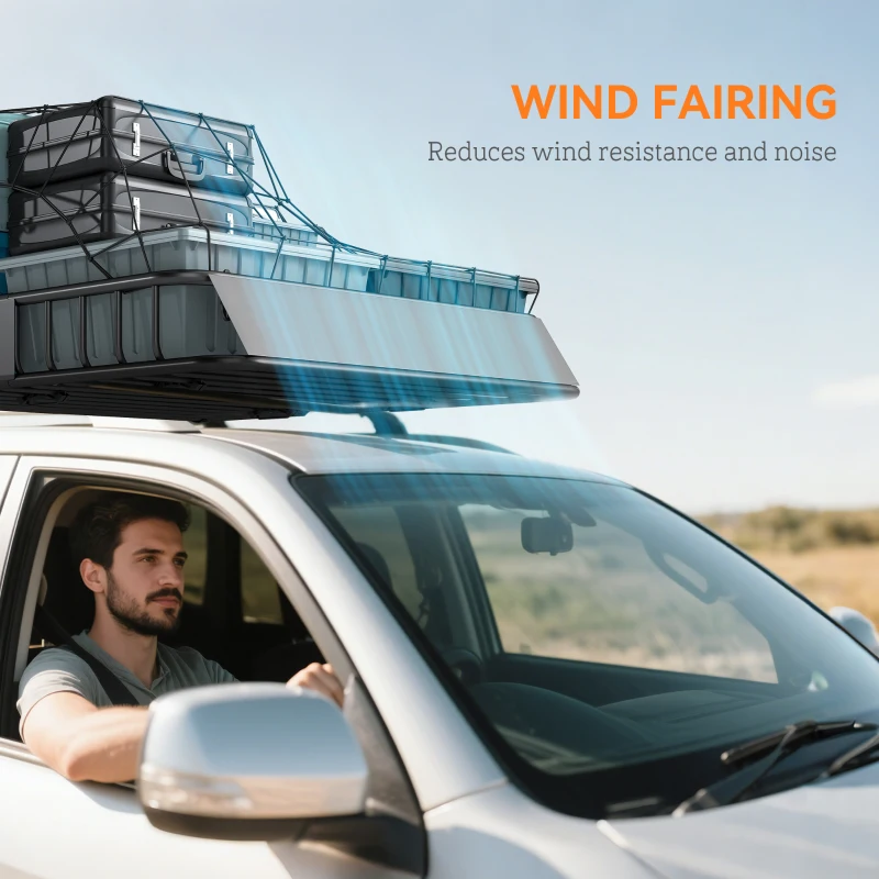 HOMCOM Universal Roof Rack Basket, 200lbs Steel Roof Rack Cargo Carrier with Wind Fairing, Side Rails, 43.5"x39.2"x7.3", Black