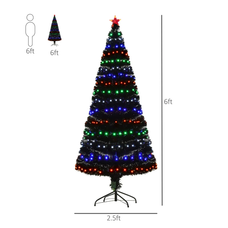 HOMCOM 6ft Tall Fir Artificial Christmas Tree with Realistic Branches, 230 Multi-Color Fiber Optic LED Lights and 230 Tips, Black