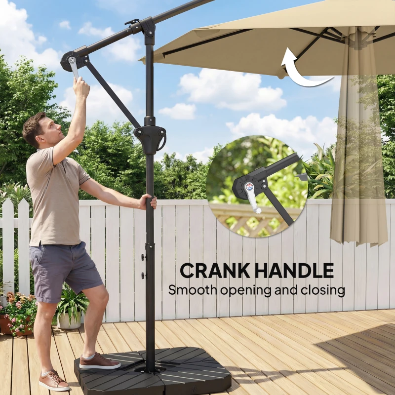 Outsunny 9.7 ft Offset Patio Umbrella with Water/Sand Fillable Weights, Garden Hanging Parasol with Locking Latch, Khaki