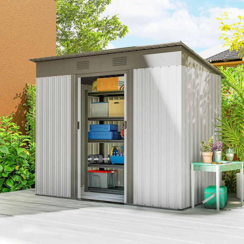 Outsunny 7' x 4' Metal Garden Shed, Backyard Tool Storage Shed with Dual Locking Doors, 2 Air Vents and Steel Frame, Silver