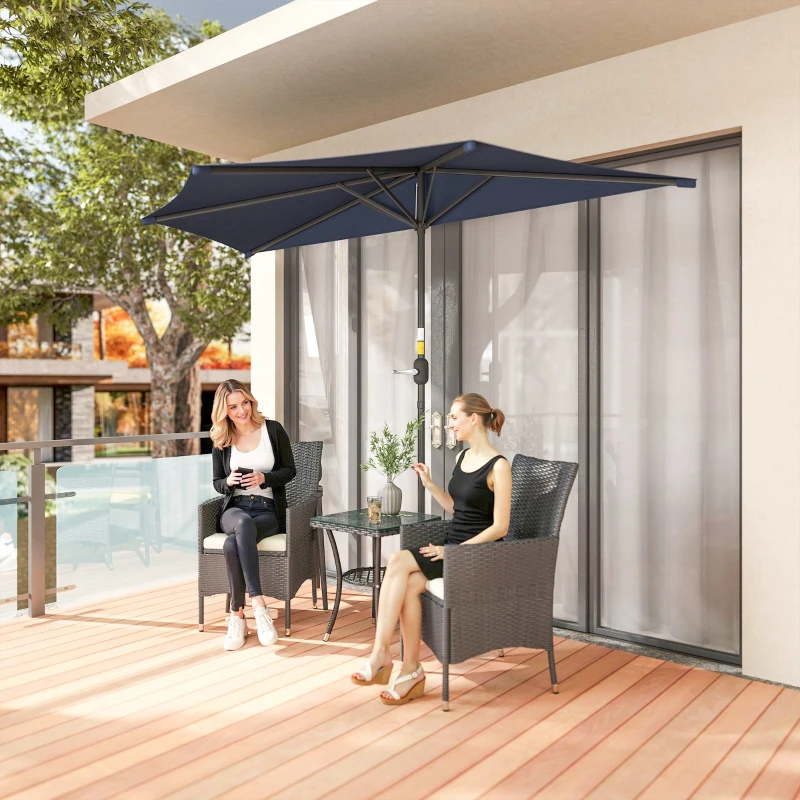 Outsunny 9.8ft Half Umbrella Semi Round Patio Parasol with Crank Handle, Top Vent for Garden, Balcony- NO BASE INCLUDED, Dark Blue