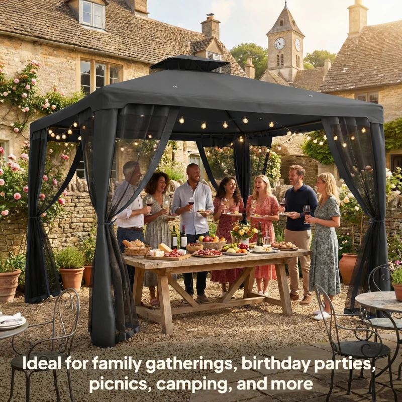 Outsunny 9.6' x 9.6' Patio Gazebo Outdoor Pavilion 2 Tire Roof Canopy Shelter Garden, Steel Frame w/ Mosquito Netting, Dark Grey